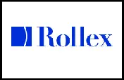 The logo of rollex in blue with a black border around and white background